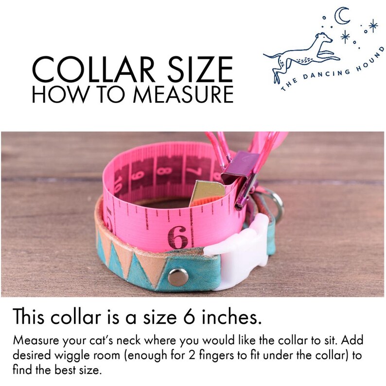 May include: A pink measuring tape wrapped around a teal and tan cat collar. The collar is size 15 cm. Text reads "COLLAR SIZE HOW TO MEASURE" and "This collar is a size 6 inches."