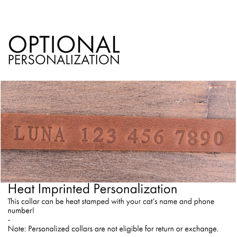 May include: A brown leather collar with the name "LUNA" and the phone number "123 456 7890" heat-stamped on it. The collar is for a cat and can be personalized with a name and phone number.