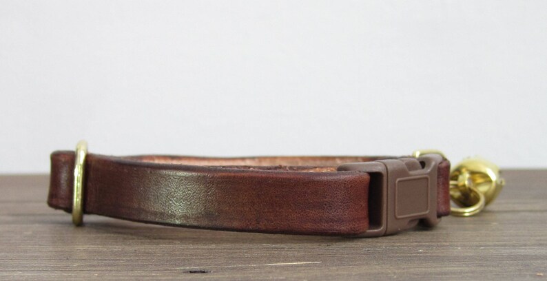 May include: A brown leather cat collar with a gold buckle and a brown plastic buckle. The collar has a small gold bell attached.