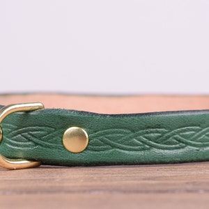 May include: A green leather collar with a brass buckle and a brass rivet. The collar features a Celtic knot design and is displayed on a wooden surface. The collar is approximately 2.5 cm wide.