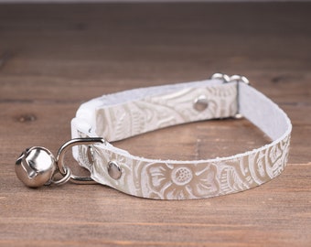 Leather Cat Collar, Floral Metallic White Leather Collar for Cats and Kittens, Unique Breakaway Cat Collar, Summer Kitten Collar