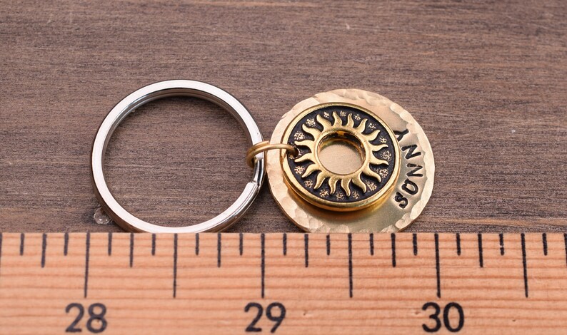 Custom Cat Tag Sun Pet ID Tag Custom Dog Tag Red Brass Hand Stamped NuGold Personalized Dog ID Tag with a Sun Charm Bridle Tag