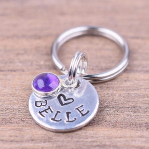 Tiny Pet Id Tag with an Amethyst Charm, Hand Stamped Cat Tag with Name and Number, Small Custom Dog Tags, Kitten Tag, Gemstone Cat Tag image 5