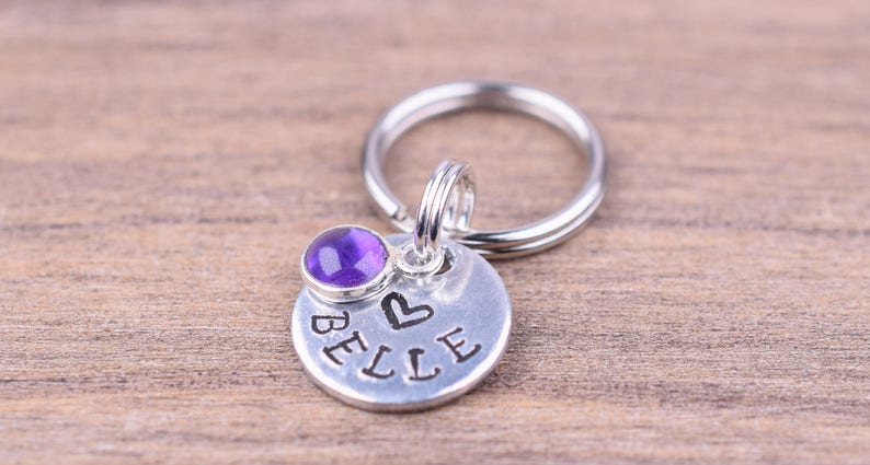 Tiny Pet Id Tag with an Amethyst Charm, Hand Stamped Cat Tag with Name and Number, Small Custom Dog Tags, Kitten Tag, Gemstone Cat Tag image 5