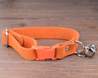 Soft Leather Cat Collar, Orange Suede Cat Collars, Safety Breakaway Cat Collar, Handmade Cat Collar, Kitten Collar