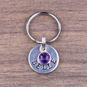 Tiny Pet Id Tag with an Amethyst Charm, Hand Stamped Cat Tag with Name and Number, Small Custom Dog Tags, Kitten Tag, Gemstone Cat Tag image 6