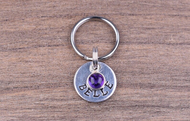 Tiny Pet Id Tag with an Amethyst Charm, Hand Stamped Cat Tag with Name and Number, Small Custom Dog Tags, Kitten Tag, Gemstone Cat Tag image 6