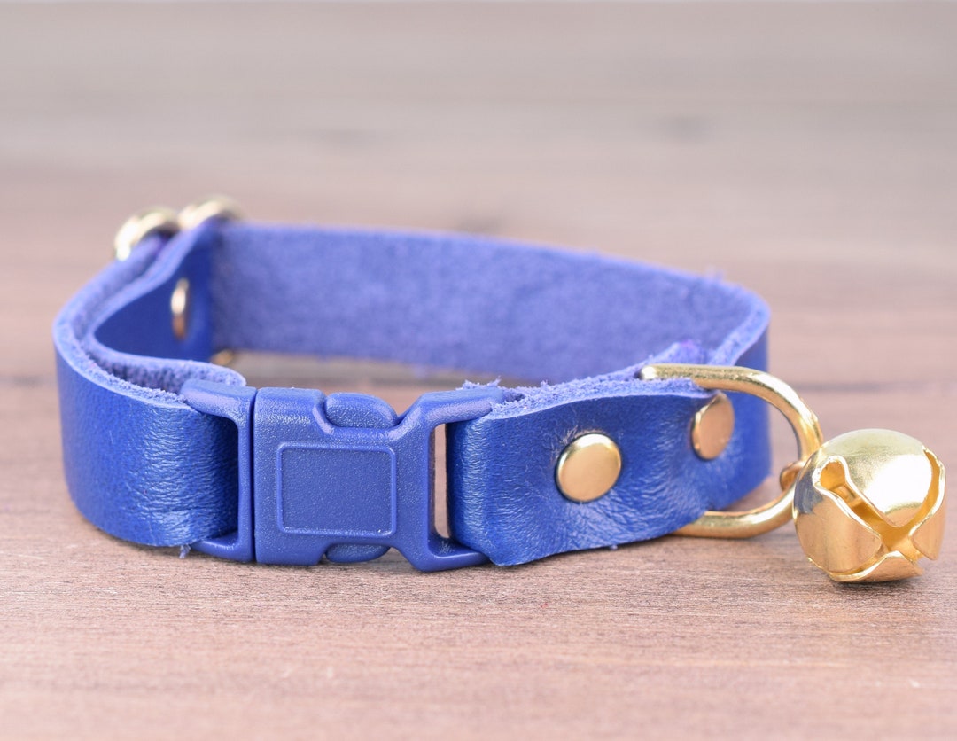 Soft Leather Cat Collar, Blue Leather Adjustable Cat Collar, Breakaway