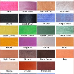 May include: A colour chart displaying a range of shades, including turquoise, pink, black, yellow, light brown, mocha, slate, and navy blue. Each colour is labelled with its name, such as "Blue Pearl," "Pink Pearl," and "Burgundy."