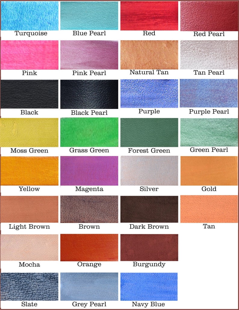 May include: A colour chart displaying a range of shades, including turquoise, pink, black, yellow, light brown, mocha, slate, and navy blue. Each colour is labelled with its name, such as "Blue Pearl," "Pink Pearl," and "Burgundy."