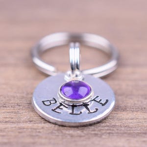 Tiny Pet Id Tag with an Amethyst Charm, Hand Stamped Cat Tag with Name and Number, Small Custom Dog Tags, Kitten Tag, Gemstone Cat Tag image 4