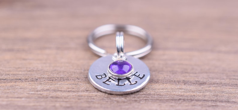 Tiny Pet Id Tag with an Amethyst Charm, Hand Stamped Cat Tag with Name and Number, Small Custom Dog Tags, Kitten Tag, Gemstone Cat Tag image 4