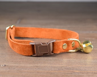 Soft Leather Cat Collar, Adjustable Orange Brown Cat Collar, Safety Cat Collar Breakaway, Soft Cat Collars, Rust Brown Kitten Collar