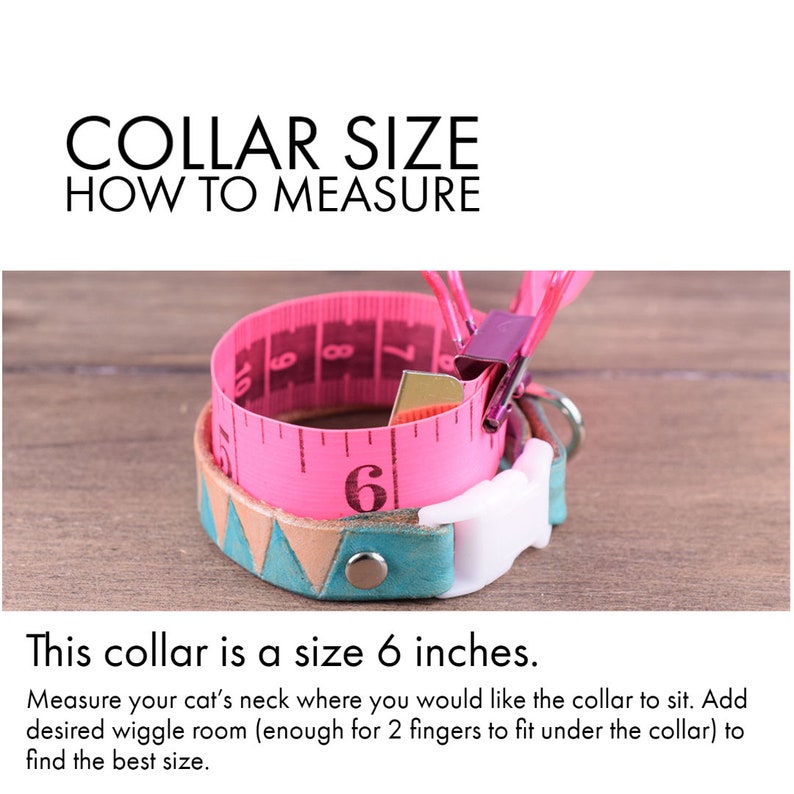 May include: A pink measuring tape wrapped around a turquoise, brown, and white leather cat collar. The tape reads "6" indicating the collar is 6 inches in size. The text "COLLAR SIZE HOW TO MEASURE" is at the top of the image. The text below the image reads "This collar is a size 6 inches. Measure your cat's neck where you would like the collar to sit. Add desired wiggle room (enough for 2 fingers to fit under the collar) to find the best size."