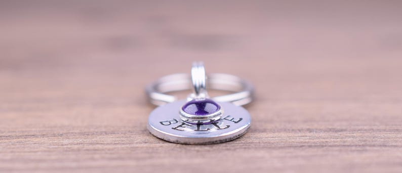 Tiny Pet Id Tag with an Amethyst Charm, Hand Stamped Cat Tag with Name and Number, Small Custom Dog Tags, Kitten Tag, Gemstone Cat Tag image 3
