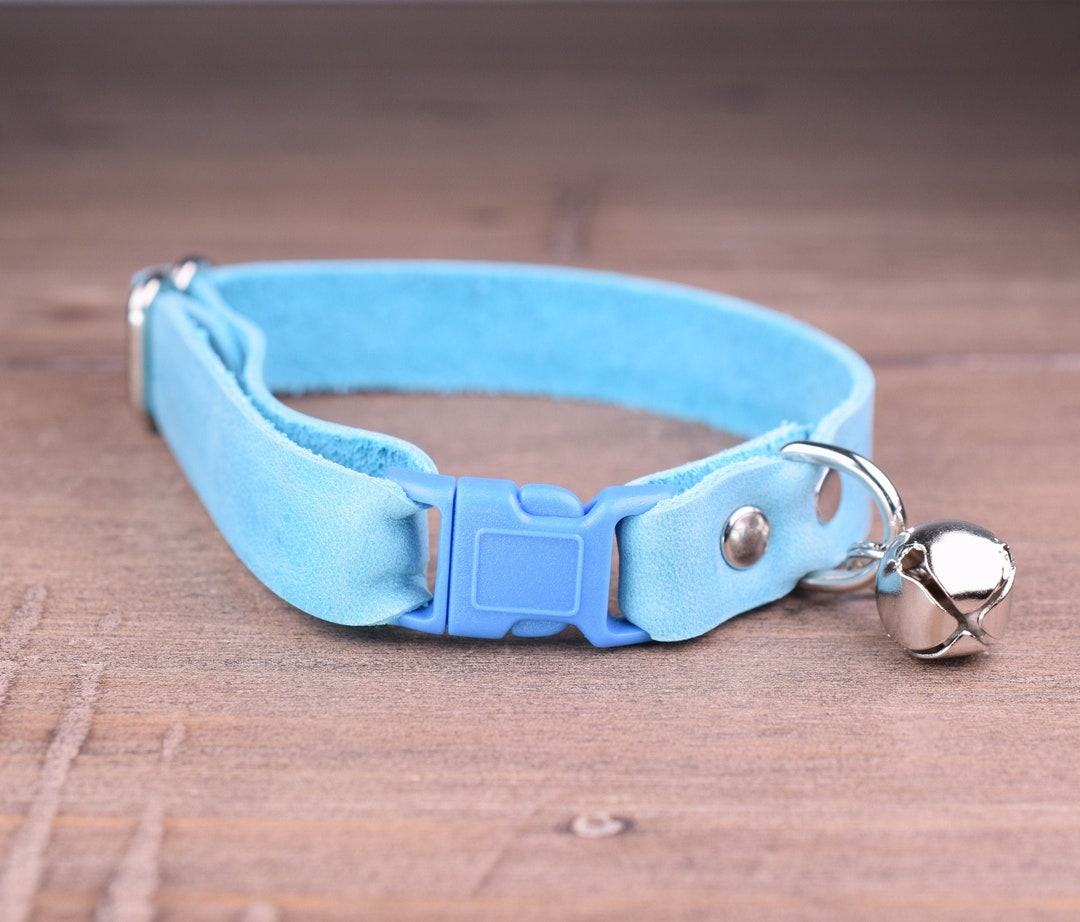 Blue Leather Cat Collar, Personalized Safe Breakaway Cat Collar, Kitten