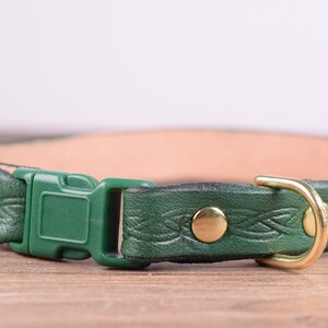 May include: A green leather dog collar with a decorative braided pattern. The collar has a green plastic buckle, brass rivets, and a brass D-ring. The interior of the collar is light tan. Measures approximately 40 cm in length.