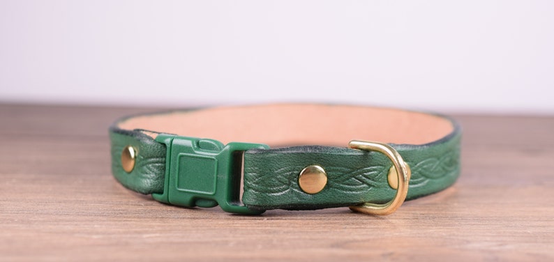 May include: A green leather dog collar with a decorative braided pattern. The collar has a green plastic buckle, brass rivets, and a brass D-ring. The interior of the collar is light tan. Measures approximately 40 cm in length.