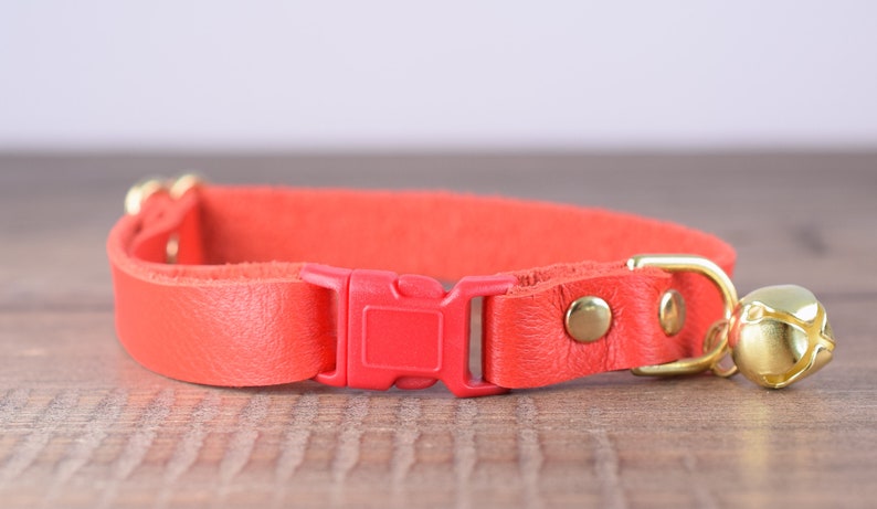 May include: A bright red leather cat collar with a gold bell and a red plastic buckle.