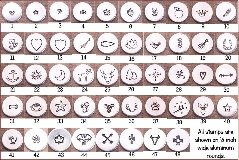 May include: A set of 48 metal stamp designs for jewelry making. The stamps are shown on 1/2 inch wide aluminum rounds. The designs include hearts, stars, animals, plants, and more.