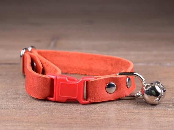 Leather Cat Collar, Brick Red Leather Cat Collar With Bell, Safe