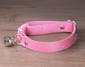Pink Leather Cat Collar, Metallic Italian Leather Collar for Cats, Breakaway Cat Collar with Bell and Quick Release Buckle, Gift for Cat
