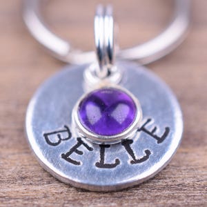 Tiny Pet Id Tag with an Amethyst Charm, Hand Stamped Cat Tag with Name and Number, Small Custom Dog Tags, Kitten Tag, Gemstone Cat Tag image 2