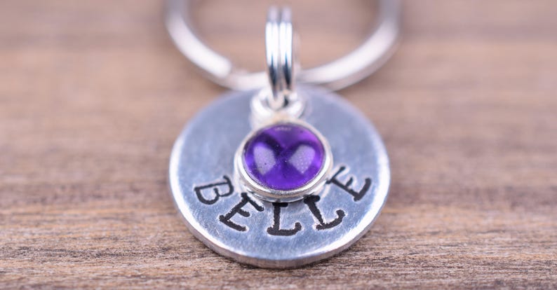 Tiny Pet Id Tag with an Amethyst Charm, Hand Stamped Cat Tag with Name and Number, Small Custom Dog Tags, Kitten Tag, Gemstone Cat Tag image 2