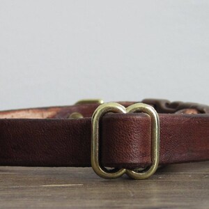 May include: A brown leather collar with a brass buckle. The buckle is a double D-ring design.