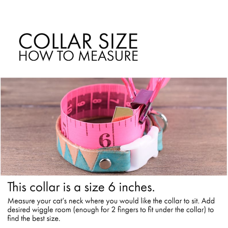 May include: A pink measuring tape wrapped around a turquoise and brown leather cat collar. The tape reads "6" indicating the collar is 6 inches in size. The text "COLLAR SIZE HOW TO MEASURE" is at the top of the image. The text below the image reads "This collar is a size 6 inches. Measure your cat's neck where you would like the collar to sit. Add desired wiggle room (enough for 2 fingers to fit under the collar) to find the best size."