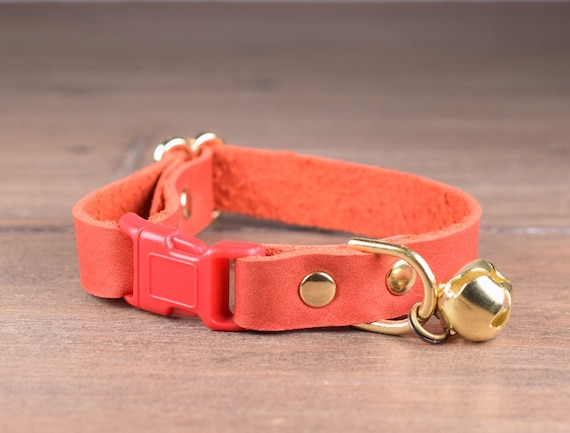 Red Leather Cat Collar, Brick Red Cat Collars, Personalized Safe