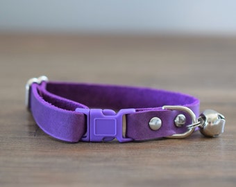 Purple Leather Cat Collar, Breakaway Cat Collar Personalized with Name and Number, Kitten Collar with Id, Custom Cat Collar with Bell