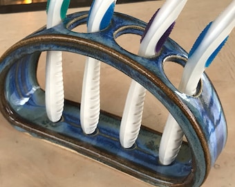 Toothbrush Holder Ceramic Lapis Blue and Cappuccino Brown
