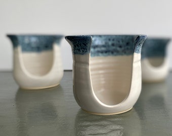Hand Thrown Ceramic Cup Dispenser: White & Peacock Blue