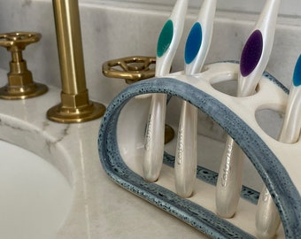 Toothbrush Holder Ceramic in White and Bright Peacock Blue