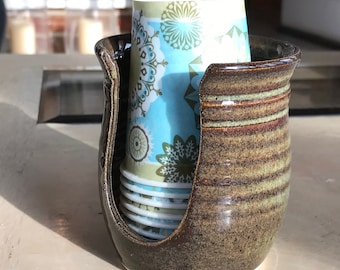 Hand Thrown Ceramic Cup Holder: Waterfall Brown Bathroom Cup Dispenser