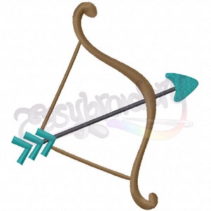 Könnte beinhalten: Ein brauner Holzbogen mit einem türkisfarbenen Pfeil. Der Pfeil hat drei türkisfarbene Federn und eine türkisfarbene Pfeilspitze.