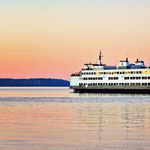 Washington State Ferry Photograph {Fine Art Print, Pacific Northwest Photography, Pink Blue Pastel Sunset Photo, Ocean Artwork, Home Decor}