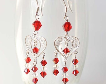 Valentine's sterling silver chandelier earrings with red and clear Swarovski crystals.