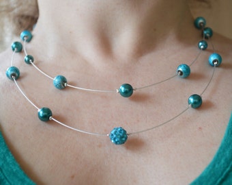 Illusion blue/green double strand necklace, Floating blue pearl beads necklace