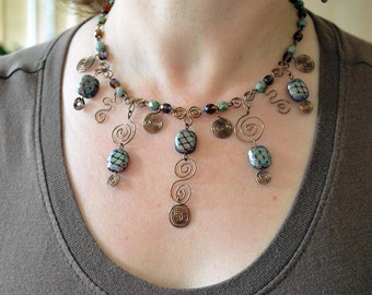 Spiral Antique Brass Wire Necklace with Artisan Beads.