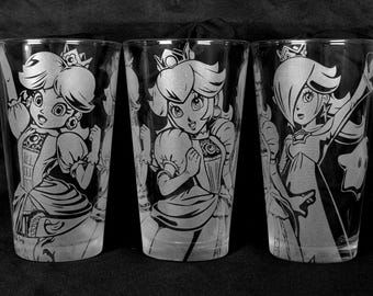 Princesses Daisy Peach and Rosalina Laser Engraved Pint Glass