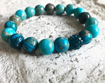 Braccialetto imperiale in pietra di diaspro, bracciale elasticizzato, diaspro, braccialetto di pietre preziose, gemma imperiale blu