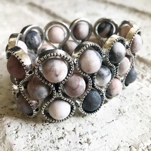 Pink Stone beaded stretch cuff bracelet, zebra stone, wide stretch bracelet, statement bracelet