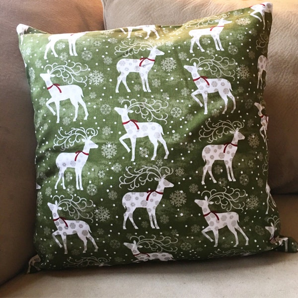 Pillow Cover 18x18 Green Reindeer Festive Christmas Holiday Christmas Couch READY TO SHIP