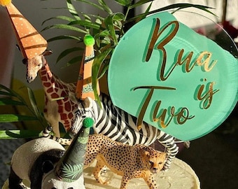 Safari themed wild Happy Birthday age cake topper in acrylic personalised cake decoration handmade handpainted