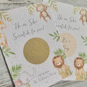 Safari animal jungle Gender Reveal Scratch, et vous verrez, bébé fille garçon, grattez et révélez l'or