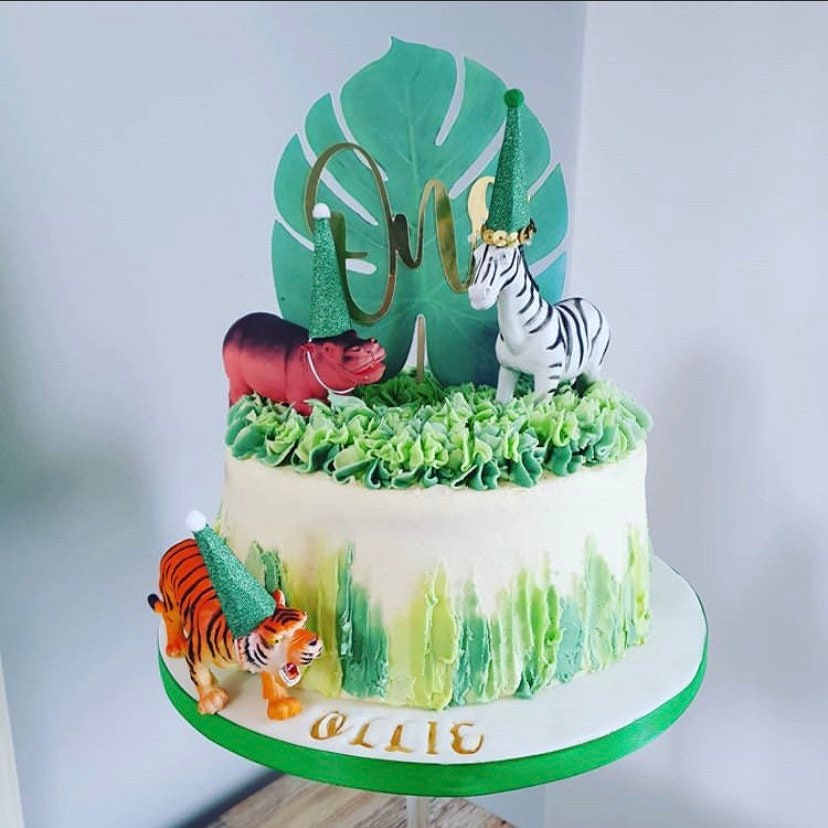 JeVenis Décorations Gâteau Thème Jungle - 4 Animaux, Panneau "Happy Birthday", Arc-en-ciel - Pour Anniversaire Enfant, Baby Shower