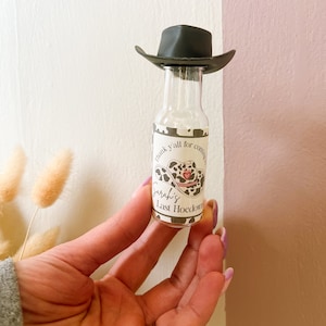 Let’s go girls | Last Hoedown hen do shots | cowgirl cowboy themed favours | bottles with mini hats or just stickers