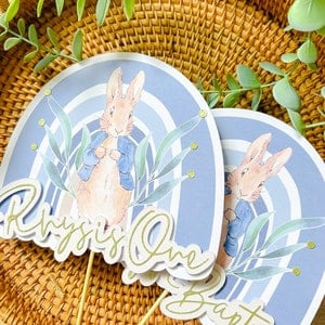 Decorazione per torta arcobaleno Peter Rabbit / Disponibile in rosa o blu / Personalizzata / Età / Compleanno / Baby Shower / Giorno del battesimo / e altro